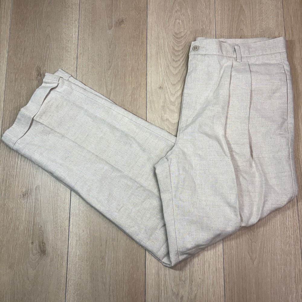 Dockers Khakis Mens 38x32 No Wrinkle Linen Pleated Pants Classic Fit Beige Cuff